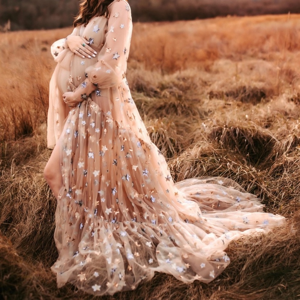 Beautiful Tan Sequin Stars Tulle Maternity Robe or any Occasion Photoshoot - Picture 3 of 10